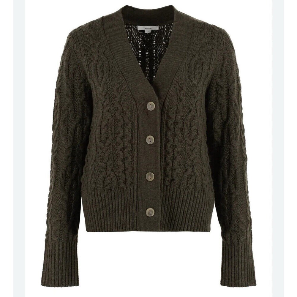 VINCE Cashmere Wool Interlocking Cable Cardigan Sweater In Black Leaf Sz L New